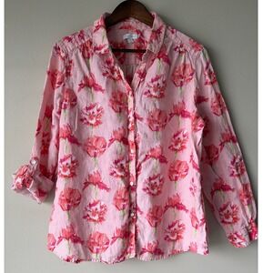 Charter Club Womens XL Pink Floral 100% Linen Button Down Roll Tab Sleeve Shirt
